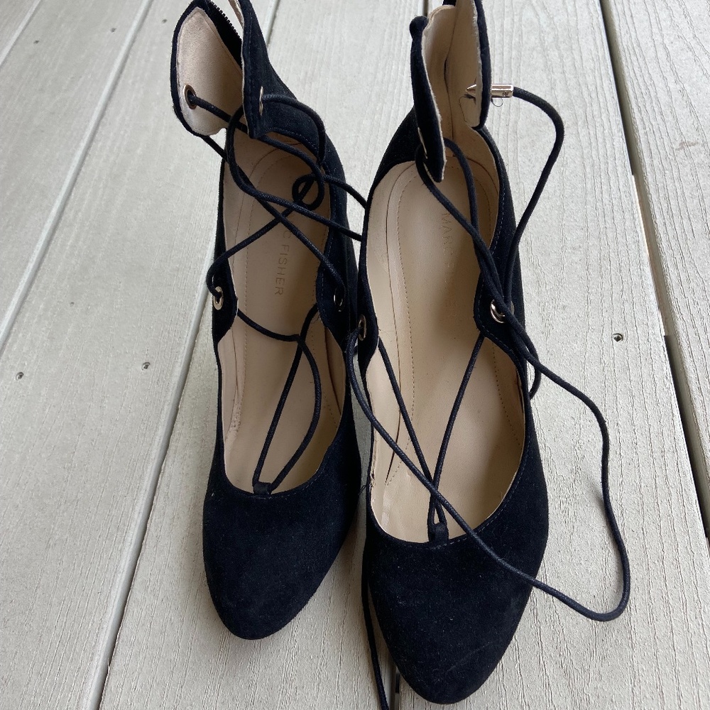 Marc Fisher Black Suede Lace-Up Heels, Size 8.5
